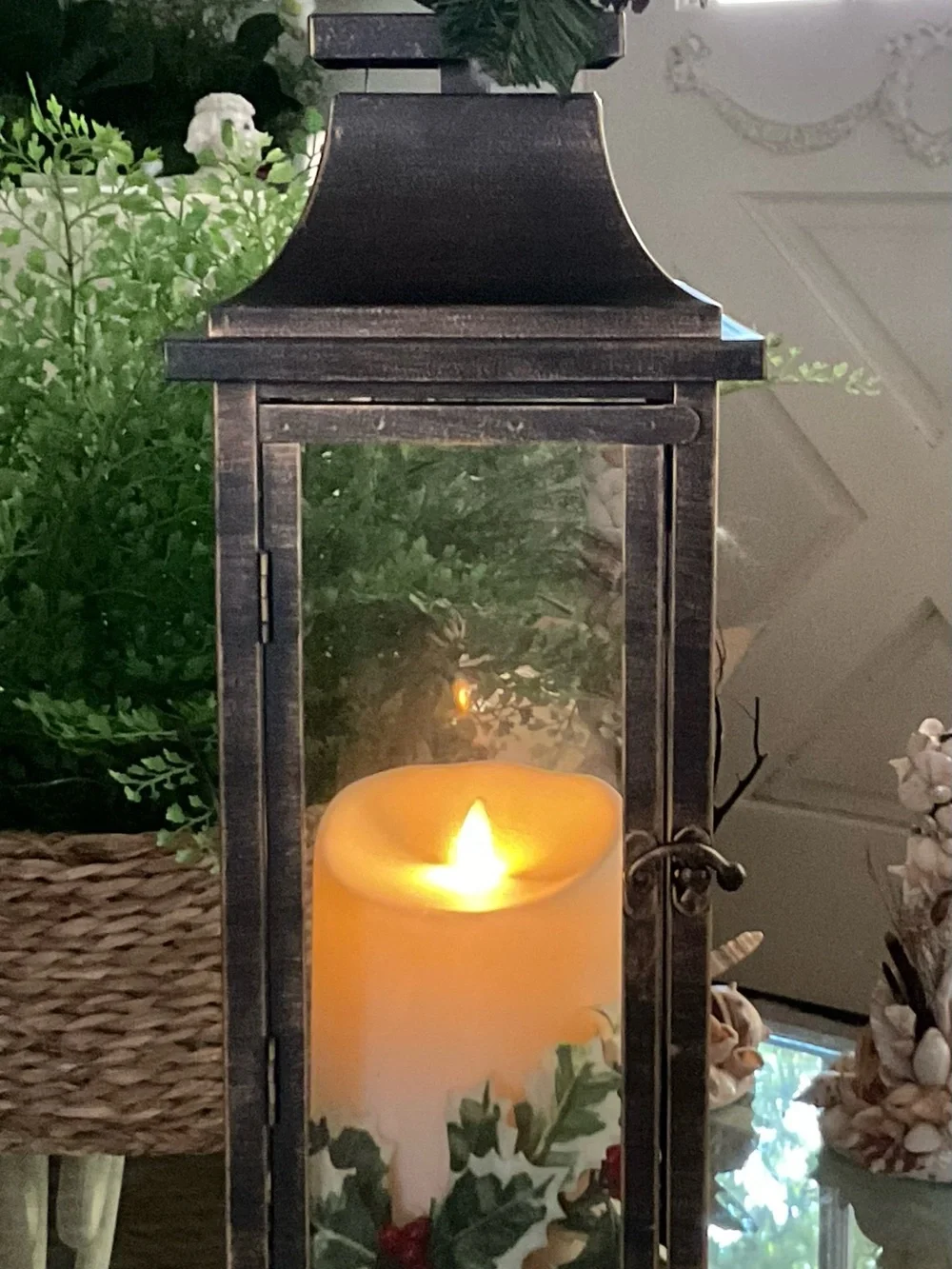 Rustic Black Metal Lantern with Red & Green Holiday Candle